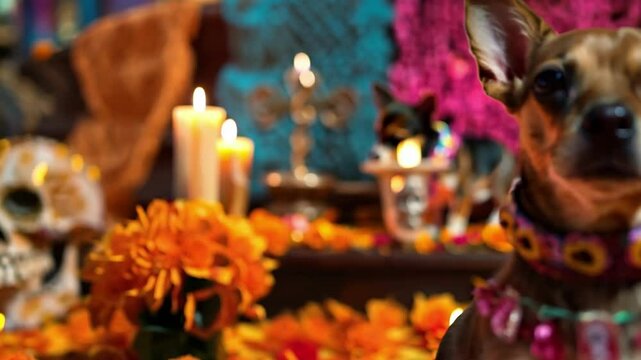 Chihuahua with a decorative collar and marigolds, sitting before a colorful Dia de los Muertos altar with candles and skulls. ai