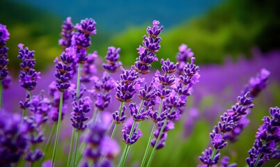 Obraz premium Lavender field close-up, blurred background, suitable for aromatherapy or relaxation themes