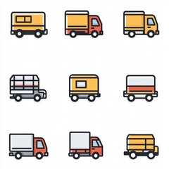 A set of colorful delivery and logistics icons featuring trucks, carts, and market elements. Perfect for apps, websites, and infographics related to transportation, e-commerce, and supply chains