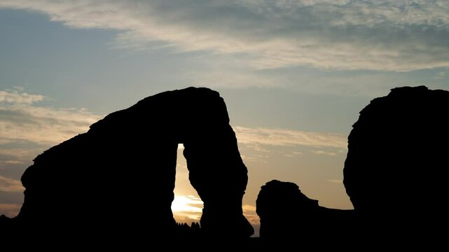 Elephant Rock in Al Ula desert, Saudi Arabia, Time Lapse at Sunrise with Beautiful Sky