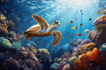 Fototapeta premium a coral reef ecosystem showcasing intricate coral textures with clownfish swimming around their anemone homes