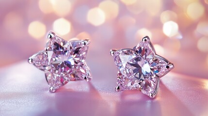 Fototapeta premium A pair of diamond earrings shaped like stars, shining under a soft light for a celestial theme.