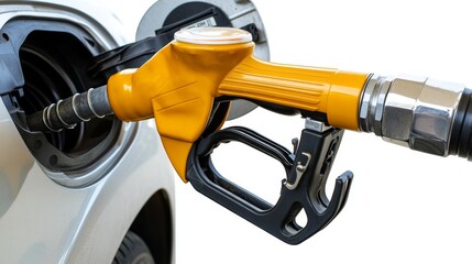 Gas pump nozzle dispensing yellow fuel gas station close-up photography urban setting ground level fuel dispensation visual