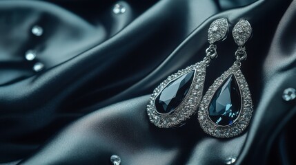 A pair of glimmering diamond drop earrings on silk.