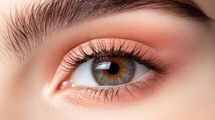 Obraz premium Close up of a stunning female eye featuring long black eyelashes and flawless makeup, highlighting a captivating grey iris and perfectly shaped eyebrow