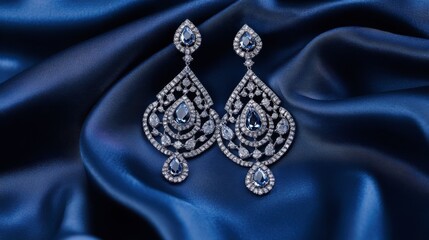 Obraz premium A pair of intricate diamond chandelier earrings displayed against a rich navy-blue silk fabric for a royal look.