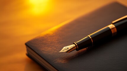 Elegant fountain pen resting on a leather-bound notebook with warm sunset glow in background