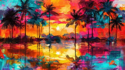 Vibrant abstract tropical sunset with palm trees silhouetted against a colorful sky and sea beach. Cuban, Caribbean or Hawaii landscape made in brushstrokes of orange, blue and red colors