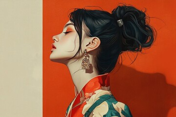 Serene Beauty Elegant Woman in Traditional Asian Attire