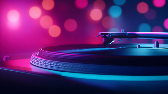 A vibrant close-up of a turntable with colorful bokeh lights, capturing the essence of music and nightlife.