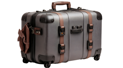 Suitcase with handle and two straps for travel or luggage storage in various settings isolated on transparent background.