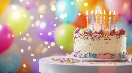 Birthday cake with lit candles on top. Festive beautifully decorated cake with colorful sprinkles and white frosting on blurred background with colorful balloons and warm, glowing lights