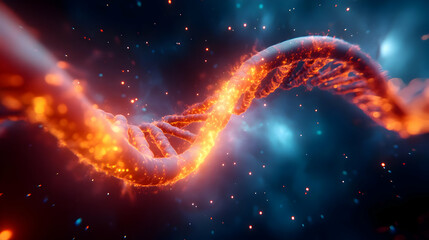 A vibrant depiction of a twisting DNA strand illuminated with bright colors against a cosmic backdrop, showcasing genetic complexity.