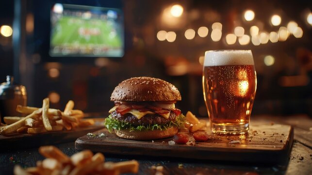Delicious gourmet burger with crispy fries and cold beer served in a lively sports bar atmosphere during a game night