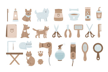 Grooming vector set collection in hand drawn style.