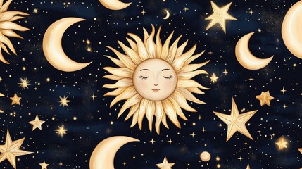 Naklejka premium Celestial Dreamscape Sleeping Sun, Moons and Stars on Dark Blue Sky, astrology ,night sky