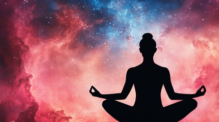 Cosmic Yoga Silhouette Meditation in Galaxy, Wellness, Serenity