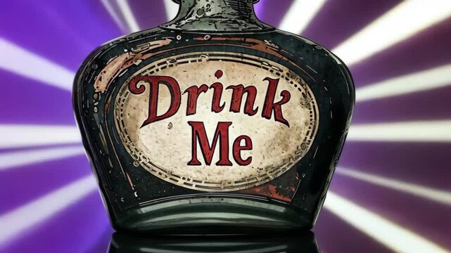 vintage glass bottle labeled "Drink Me," reminiscent of Alice in Wonderland, stands against a mystical background. The aged design and magical aura evoke fantasy and curiosity.