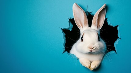 Obraz premium White Rabbit Peeking Through Torn Turquoise Paper, Easter , Animals