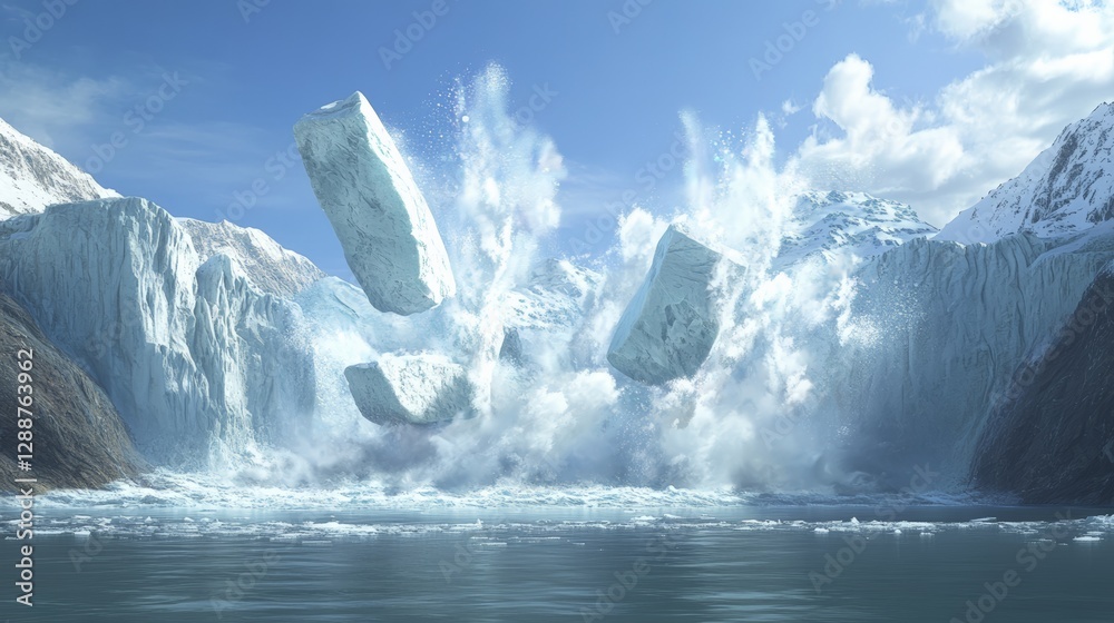 Poster dramatic collision of huge icebergs in a glacial lagoon sends ice particles into the air, framed by 