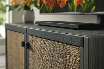 Close-up of a stylish cabinet with woven door fronts a textured top and a sleek black frame Modern storage with natural elements