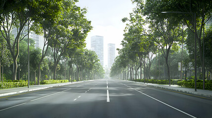 Urban Street Lined with Lush Green Trees on a Sunny Day