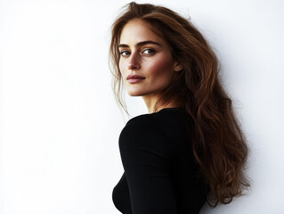 Fototapeta premium Elegant woman with long hair posing against a simple backdrop in soft lighting