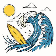Bearded Man Surfing Illustration – Fun Cartoon Vector Art