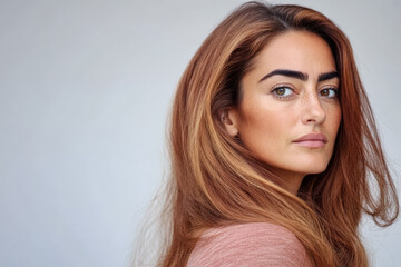 Naklejka premium Beautiful woman with long hair and striking features posing confidently in natural light
