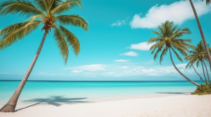 Obraz premium Idyllic Tropical Beach Scene Turquoise Waters, White Sand, and Palm Trees