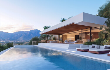 Fototapeta premium Modern house with swimming pool and mountain view at sunset
