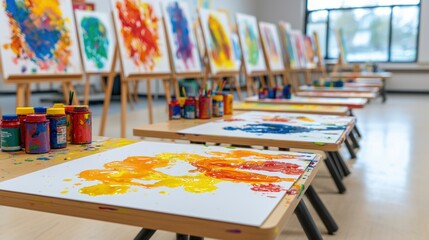 A vibrant art studio filled with colorful paintings displayed on easels, showcasing various hues and textures, alongside paint containers.