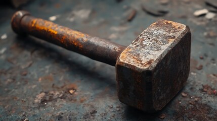 Close-up of a Rusty Sledgehammer on a Worn Metal Surface