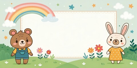 a cute bear and a rabbit are in a lovely setting with a rainbow