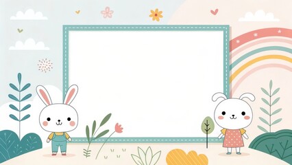a frame surrounded by cute cartoon bunny characters with pastel colors and design elements