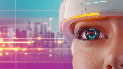 A close-up of a woman's eye wearing a futuristic headset, with a vibrant city skyline and digital elements in the background, symbolizing technology and innovation.