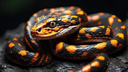 Fototapeta premium Close-up image of a snake with a dark, textured body featuring glowing orange patterns resembling lava.