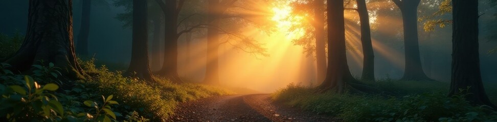 Fototapeta premium Ancient woods, fog-shrouded trail, golden light, forest, autumn, sunbeam