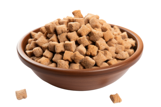 Close-up of dry kibble for cats or dogs in a ceramic bowl, isolated on white background