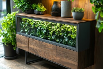 Modern cabinet with built-in greenery bringing nature indoors Lush plants create a vibrant living accent within this sleek furniture piece