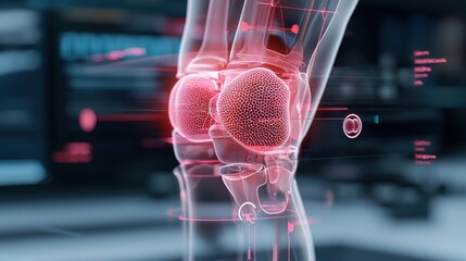 A detailed digital rendering of a knee joint, highlighting its internal structure with a glowing red effect and surrounding data visualization elements.