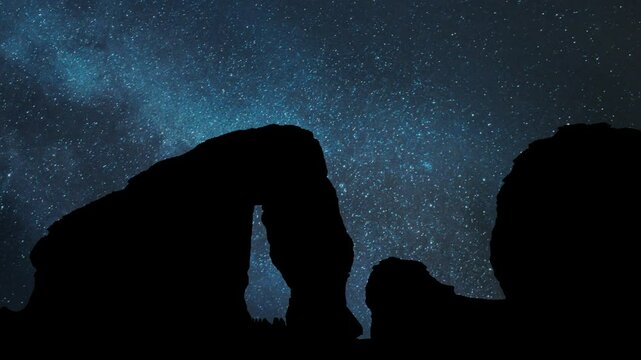 Monolith Elephant rock, Al Ula, Saudi Arabi, Time Lapse by Night with Stars and Milky Way in Background
