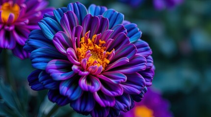 Obraz premium Vibrant purple and orange dahlia close-up for floral design inspiration, nature blogs, and botanical print materials