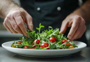 professional chef is plating an exquisite salad in the kitchen of a luxury restaurant