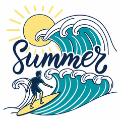 Retro Summer Typography – Ocean Wave and Surfboard Illustration
