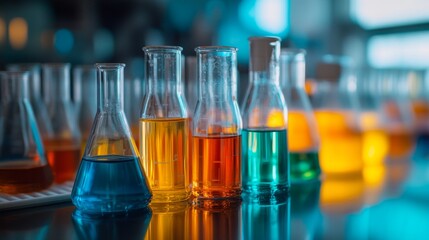 Experimenting with colorful liquids in beakers laboratory photography science setting closeup chemistry concept