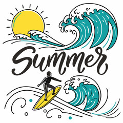 Retro Summer Typography – Ocean Wave and Surfboard Illustration