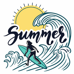 Vibrant Summer Badge – Sun, Surf, and Waves Vector Art