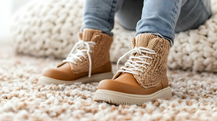 Naklejka premium Cozy, stylish boots on a soft carpet, perfect for autumn or winter fashion. Ideal for casual outings or indoor relaxation.