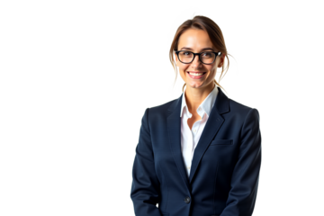 Confident businesswoman in navy suit and glasses, smiling directly at camera. Professional studio portrait, isolated on transparent background. Ideal for corporate and leadership themes.
